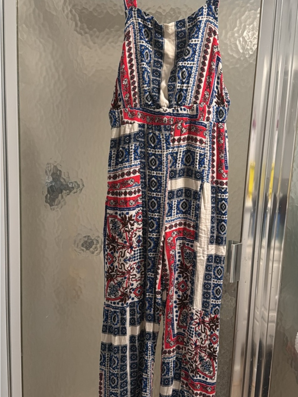 Boho Patchwork Maxi Dress in Blue, Red & White